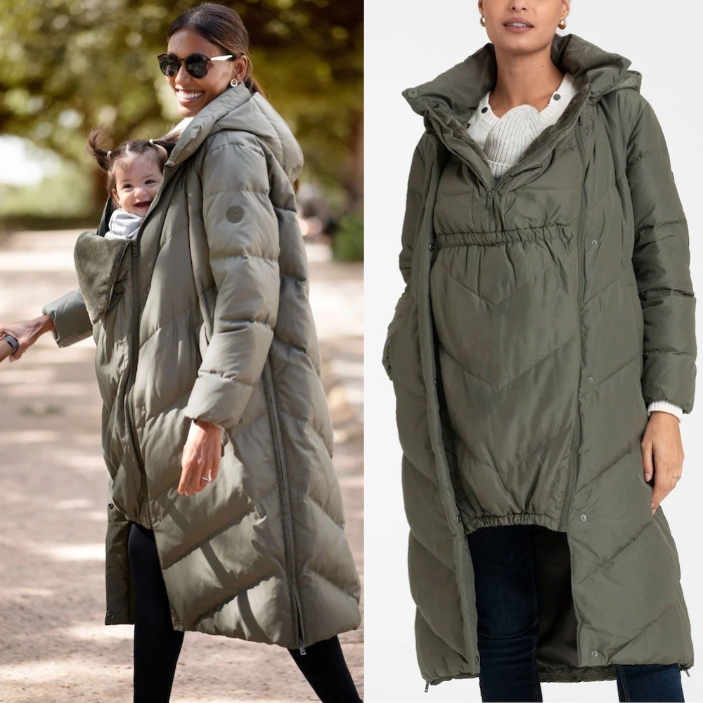 NWT Seraphine Green 3-In-1 Long Chevron Puffer Maternity Coat 12 Babywearing - Picture 1 of 16